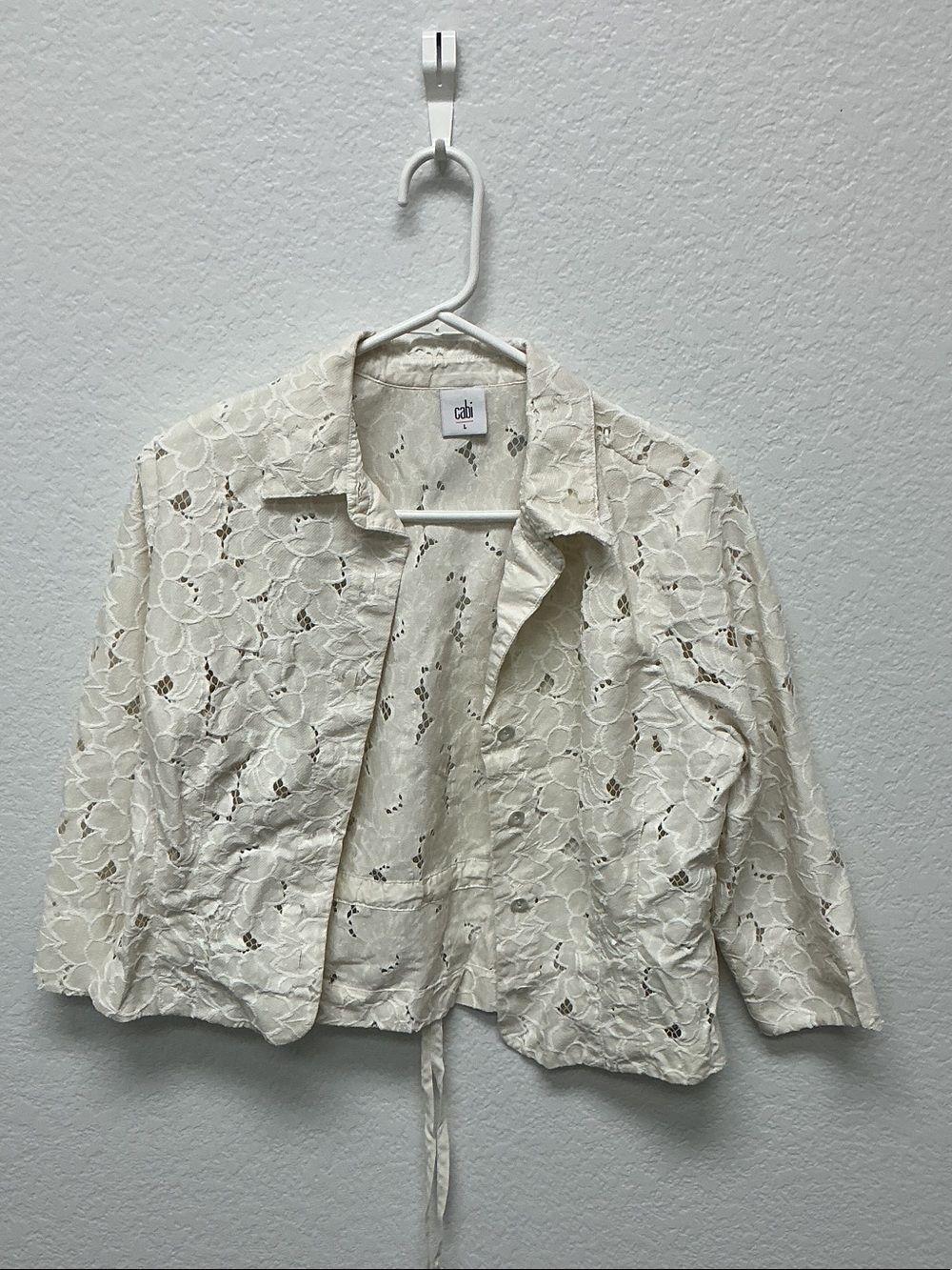 CAbi Ivory Lace Cropped Button Jacket